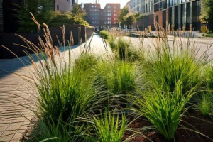 Realistic-modern-urban-streetscape-featuring-rain-gardens-and-bioswales-along-the-path-1